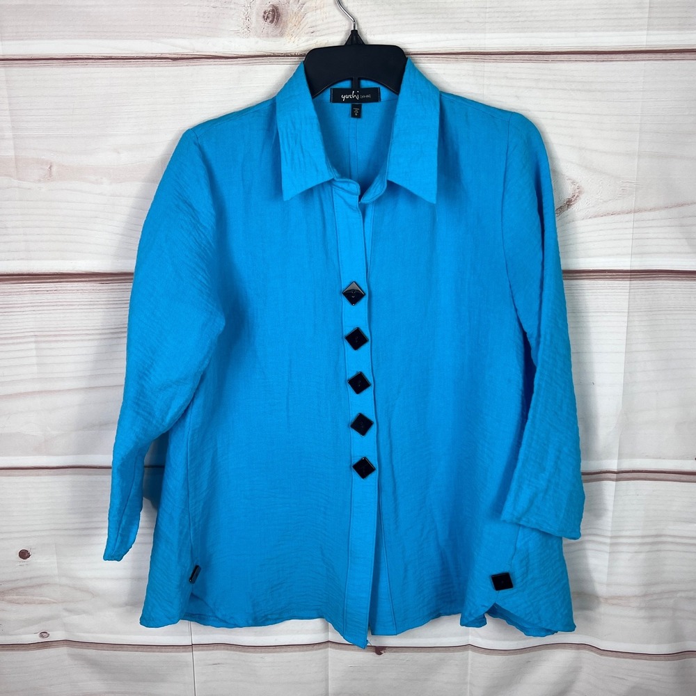 Yushi Top Womens S Blue Button Up Shirt Crinkle A-Line 3/4 Sleeve Collar Woven